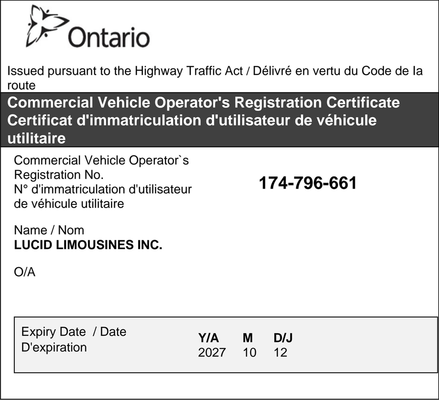 Ministry of Transportation Certificate - Commercial Vehicle Operator Registration for Lucid Limousines Inc.
