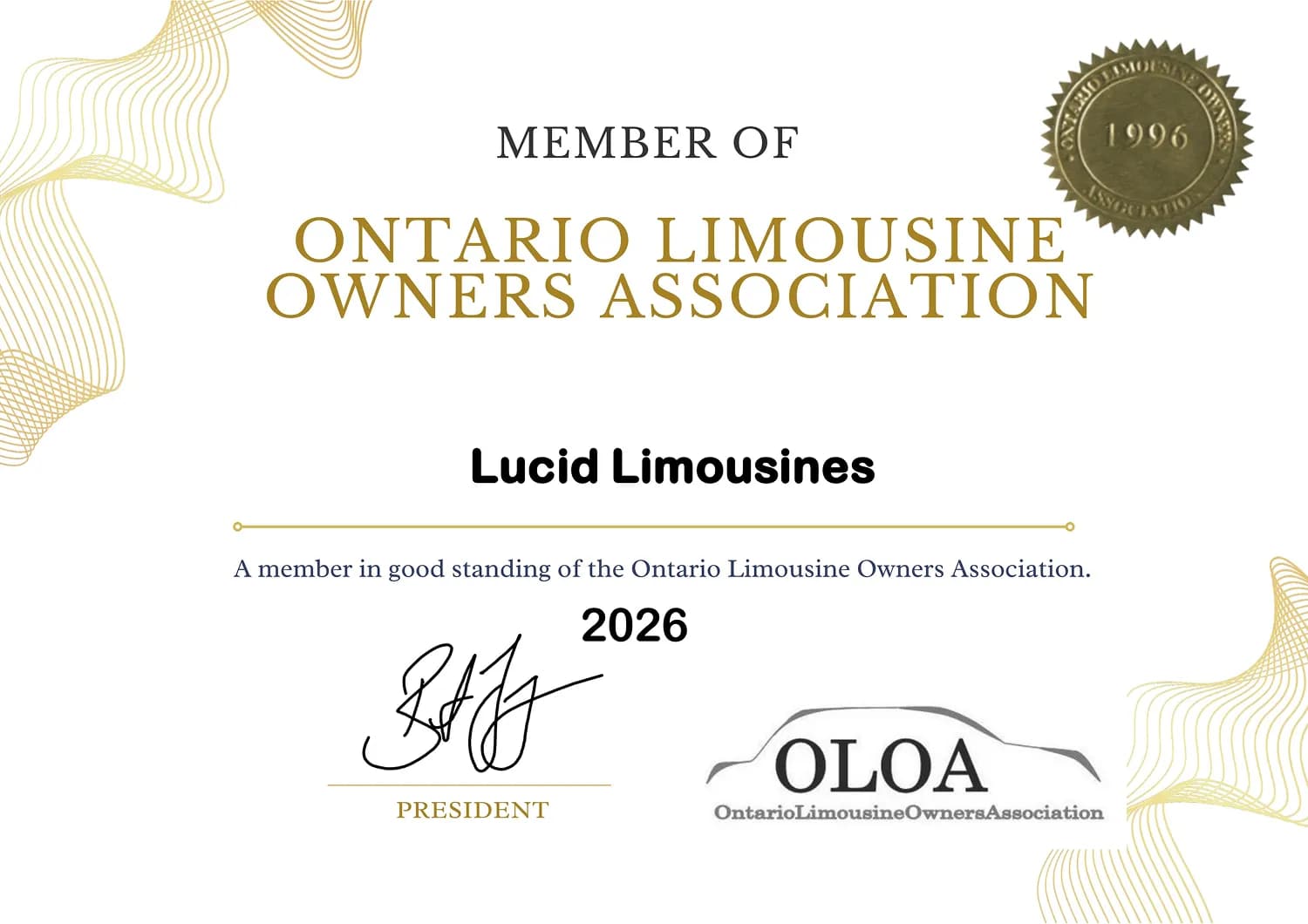 Member Certificate of Ontario Limousine Owners Association - Lucid Limousines 2025